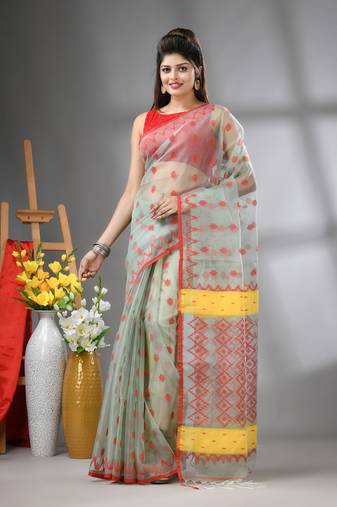 Pistachio green muslin soft saree with jamdani designs