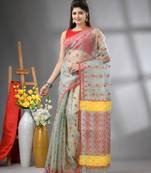 Pistachio green muslin soft saree with jamdani designs