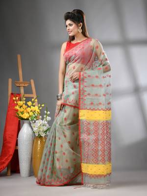 Pistachio green muslin soft saree with jamdani designs 2