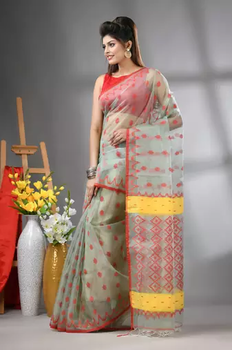 Pistachio green muslin soft saree with jamdani designs