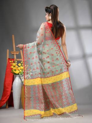Pistachio green muslin soft saree with jamdani designs 3