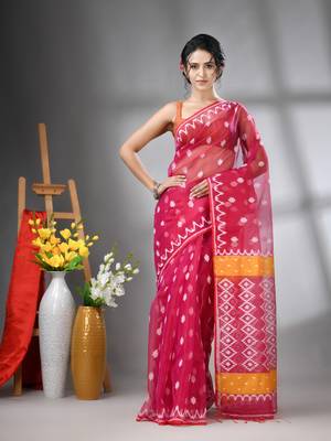 Magenta muslin soft saree with jamdani designs 1