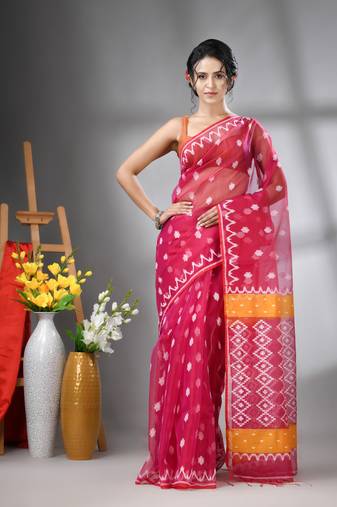 Magenta muslin soft saree with jamdani designs