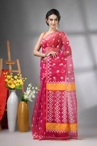 Magenta muslin soft saree with jamdani designs