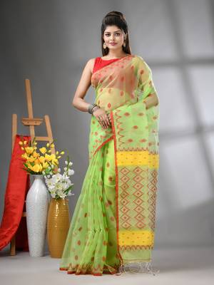 Light green muslin soft saree with jamdani designs 1