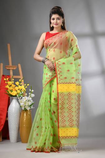Light green muslin soft saree with jamdani designs
