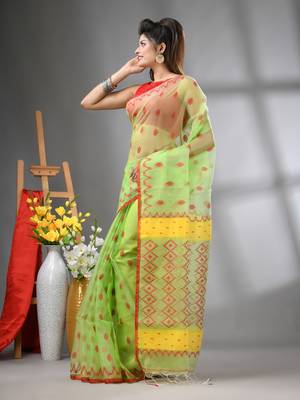 Light green muslin soft saree with jamdani designs 2