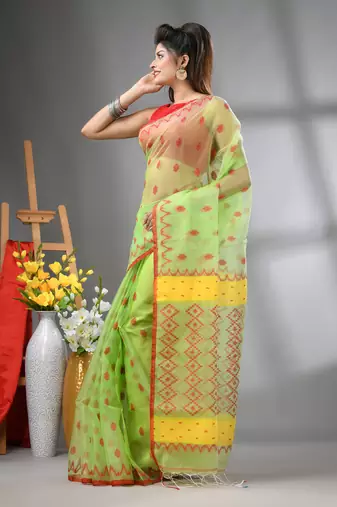 Light green muslin soft saree with jamdani designs