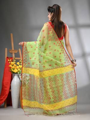 Light green muslin soft saree with jamdani designs 3