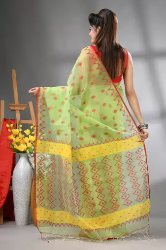 Light green muslin soft saree with jamdani designs