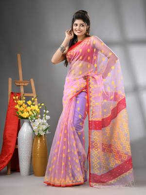 Lavender muslin soft saree with jamdani designs 1