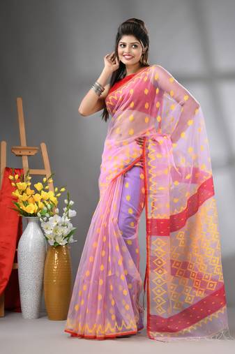 Lavender muslin soft saree with jamdani designs