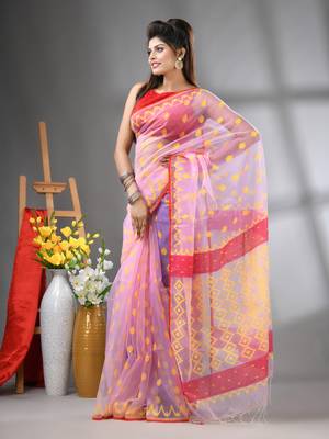 Lavender muslin soft saree with jamdani designs 2