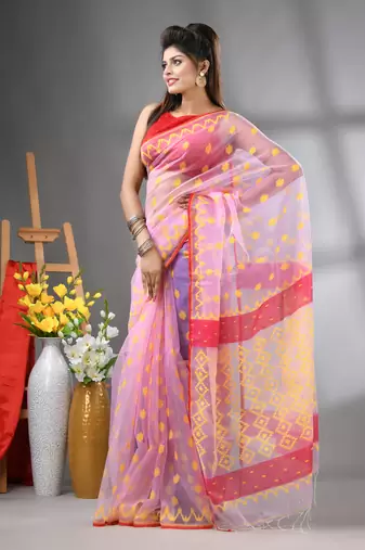 Lavender muslin soft saree with jamdani designs