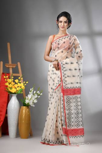 Cream muslin soft saree with jamdani designs