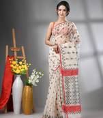 Cream muslin soft saree with jamdani designs