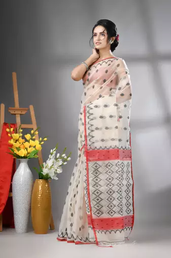 Cream muslin soft saree with jamdani designs
