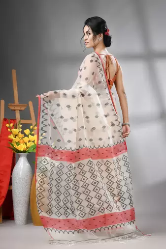 Cream muslin soft saree with jamdani designs