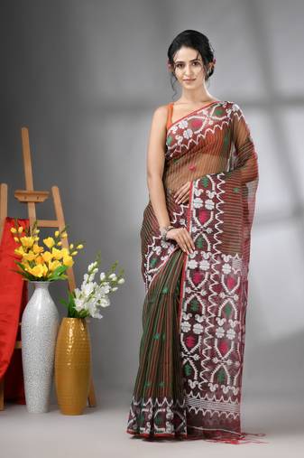 Green dual-tone kantha stripes muslin soft saree with jamdani designs