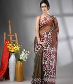 Green dual-tone kantha stripes muslin soft saree with jamdani designs