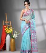 Sky blue kantha stripes muslin soft saree with jamdani designs
