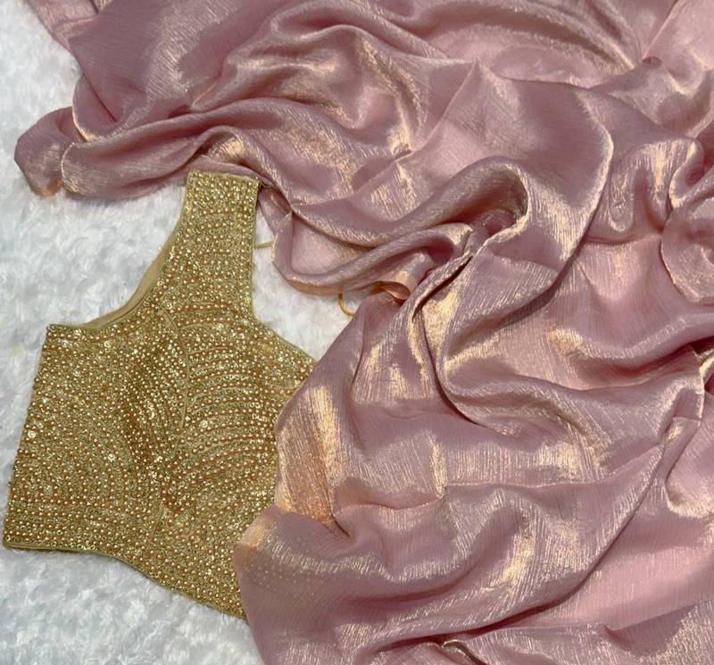 Elegant Designer Saree In Heavy Pure Glass Tissue Fabric With Handworked Blouse