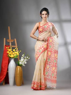 Cream kantha stripes muslin soft saree with jamdani designs 1