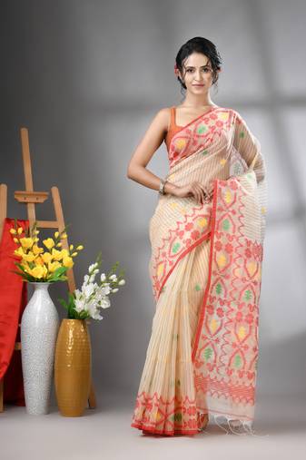 Cream kantha stripes muslin soft saree with jamdani designs