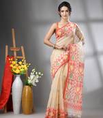 Cream kantha stripes muslin soft saree with jamdani designs