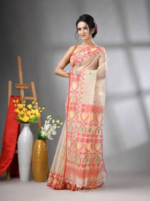 Cream kantha stripes muslin soft saree with jamdani designs 2