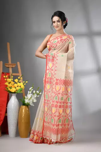 Cream kantha stripes muslin soft saree with jamdani designs