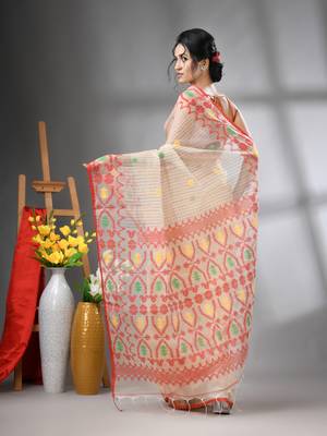Cream kantha stripes muslin soft saree with jamdani designs 3