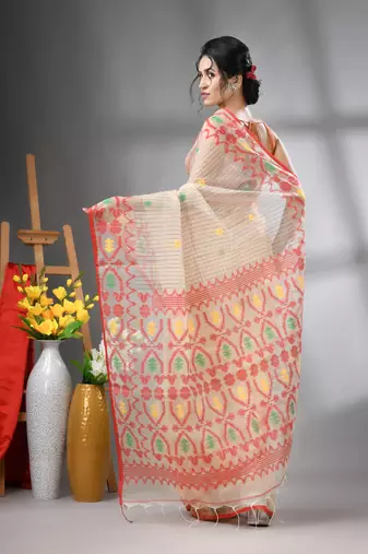 Cream kantha stripes muslin soft saree with jamdani designs