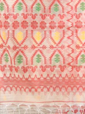 Cream kantha stripes muslin soft saree with jamdani designs 4