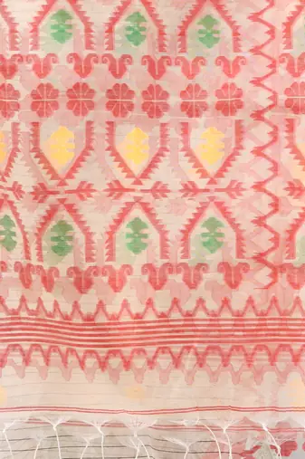 Cream kantha stripes muslin soft saree with jamdani designs