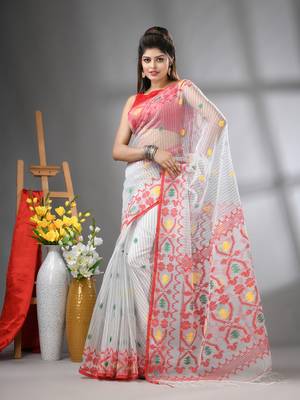 White kantha stripes muslin soft saree with jamdani designs 1