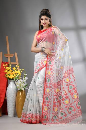 White kantha stripes muslin soft saree with jamdani designs