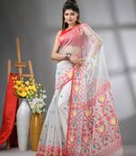 White kantha stripes muslin soft saree with jamdani designs