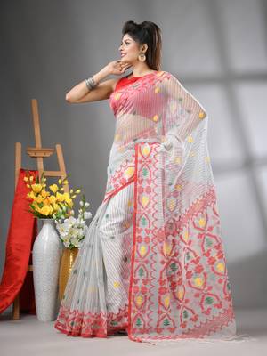 White kantha stripes muslin soft saree with jamdani designs 2
