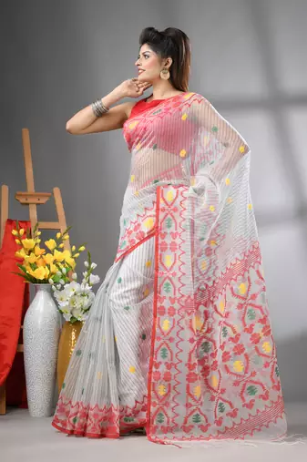 White kantha stripes muslin soft saree with jamdani designs