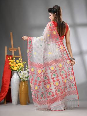 White kantha stripes muslin soft saree with jamdani designs 3