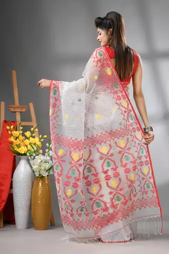 White kantha stripes muslin soft saree with jamdani designs