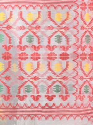 White kantha stripes muslin soft saree with jamdani designs 4