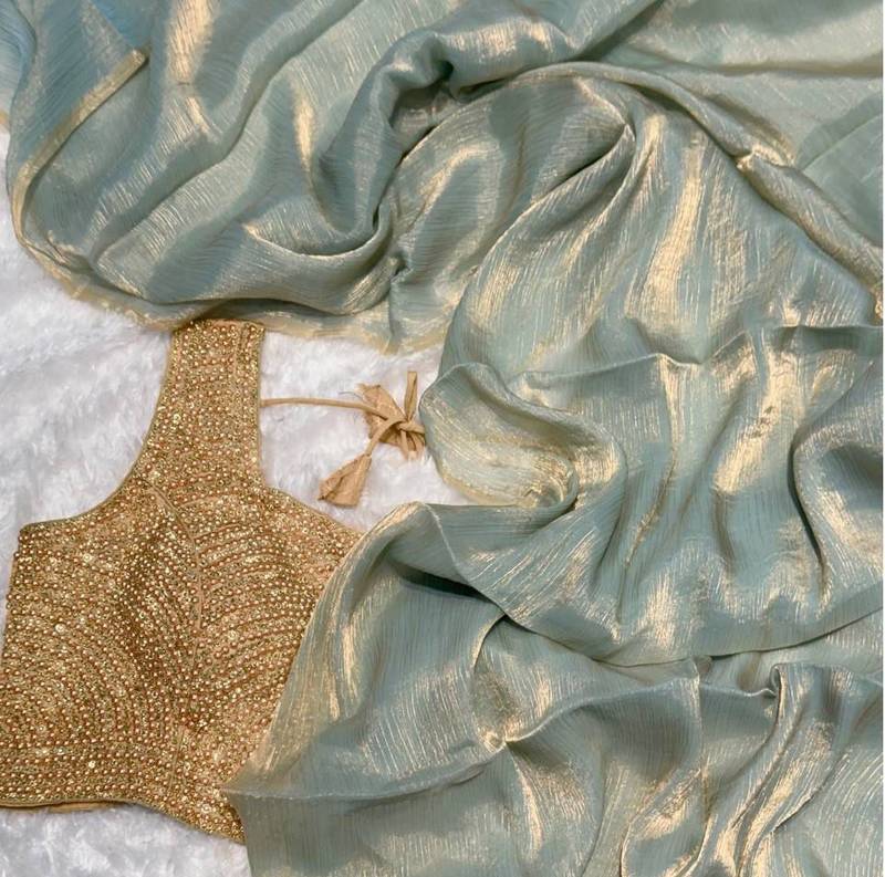Elegant Designer Saree In Heavy Pure Glass Tissue Fabric With Handworked Blouse