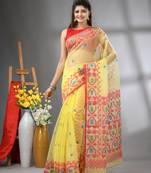 Yellow kantha stripes muslin soft saree with jamdani designs