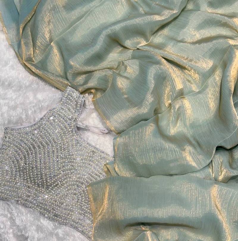 Elegant Designer Saree In Heavy Pure Glass Tissue Fabric With Handworked Blouse