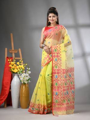 Yellow kantha stripes muslin soft saree with jamdani designs 1