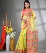 Yellow kantha stripes muslin soft saree with jamdani designs