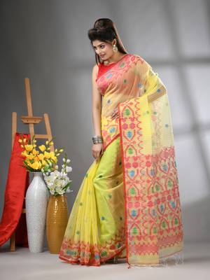 Yellow kantha stripes muslin soft saree with jamdani designs 2