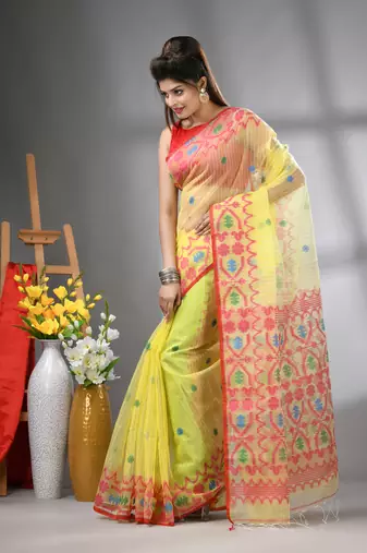 Yellow kantha stripes muslin soft saree with jamdani designs